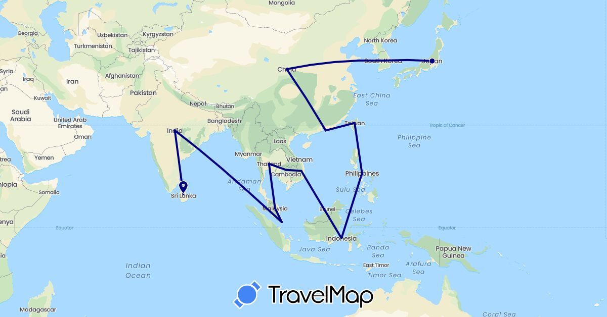 TravelMap itinerary: driving in China, Indonesia, India, Japan, Cambodia, South Korea, Sri Lanka, Malaysia, Philippines, Singapore, Thailand, Taiwan, Vietnam (Asia)